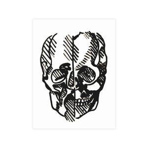 May include: A black and white graphic print featuring a stylized human skull. The illustration is composed of bold, hand-drawn ink lines and cross-hatching patterns, with a vertical line dividing the skull into two distinct halves.