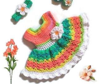 Conjunto de vestido de bebé de ganchillo rosa verde Vestido de bebé recién nacido Vestido de niña multicolor Conjunto de vestido de niña Vestido de punto de bebé Vestido de niña de diadema