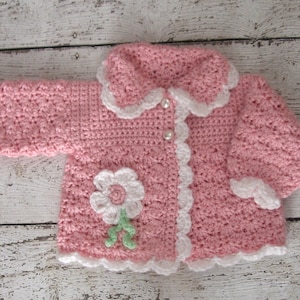 Pink Crochet Baby Sweater with flower Knit Toddler Sweater PInk Crochet newborn Baby Sweater Pink Baby Girl Cardigan pink Infant sweater set
