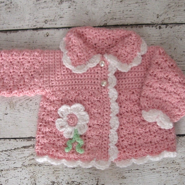 Pink Crochet Baby Sweater with flower Knit Toddler Sweater PInk Crochet newborn Baby Sweater Pink Baby Girl Cardigan pink Infant sweater set