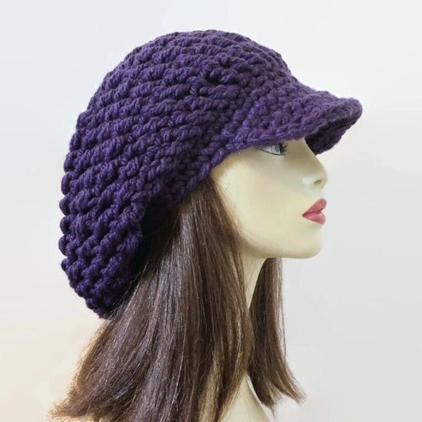 Dark Purple Slouch Cap Crochet newsboy hat Dreadlocks hat Purple rasta hat Knit newsboy oversized Hat  with Visor Adult Newsboy