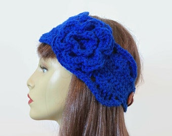 Blue Headband with Flower Royal Blue Earwarmer Teal knit Ear warmer Earwarmer Aqua Headwrap  Blue Head Band Crochet Earwarmer  Headwrap