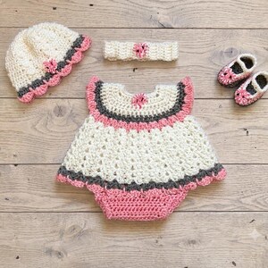 Conjunto de vestido rosa para bebé niña, conjunto de ropa de bebé de ganchillo, vestido de punto para bebé, vestido de ganchillo para recién nacida, regalo para baby shower, ropa para bebés prematuros imagen 1