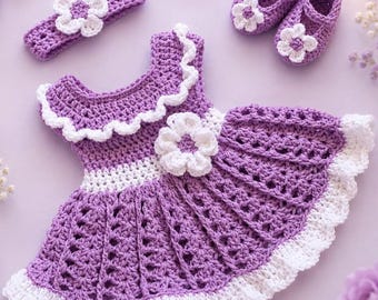 Purple Crochet Baby Dress Set Newborn Baby Dress Lavender Toddler Dress Baby Knit Dress  Headband Violet  Girl Dress baby shower gift set