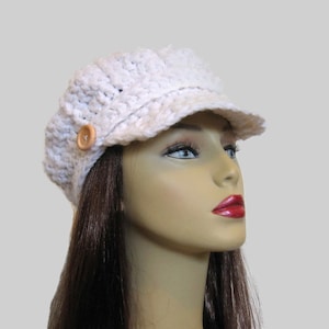 Crochet  Newsboy Hat White Womens News boy White Hat with Visor Cap with Brim Cap Adult knit newsboy White Hat with Visor white Crochet  Cap