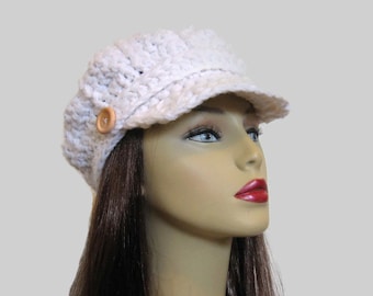 Crochet  Newsboy Hat White Womens News boy White Hat with Visor Cap with Brim Cap Adult knit newsboy White Hat with Visor white Crochet  Cap