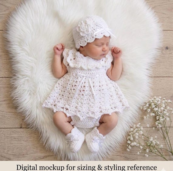 knit baptism dress White Baby Set Crochet Dress Set White Baby Layette Set Christening Set White Diaper Dress Set blessing Dress coming home baptism dress for godmother