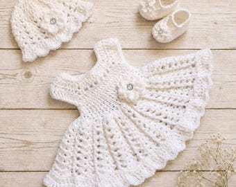 Crochet Baby Blessing Dress with hat White Baby Dress Set Baby Girl Christening Set Baptism Toddler Dress  newborn Knit Baby frock