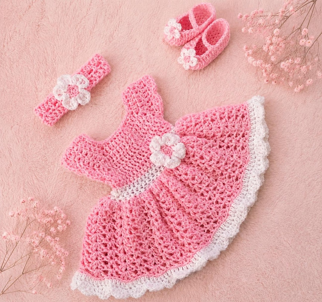 Baby Knit Dress and Headband and Booties Infant Girl Dress Pink