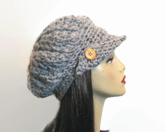 Crochet Newsboy Cap Gray Tweed NewsBoy Grey Tweed Hat Grey Cap with Visor Tweed Newsboy Grey Newsboy Slouchy Knit Newsboy Gray Cap with Brim