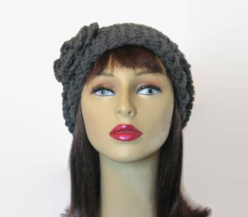Gray Crochet Slouchy Hat With Flower Crochet Beanie Gray Knit Etsy