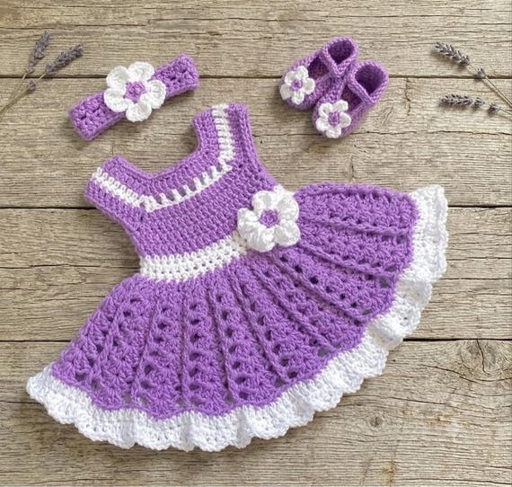 Purple Baby Shower Gift Lavender Crochet Baby Dress Set Newborn Baby Dress Set Baby Knit Dress and Headband Violet Frock