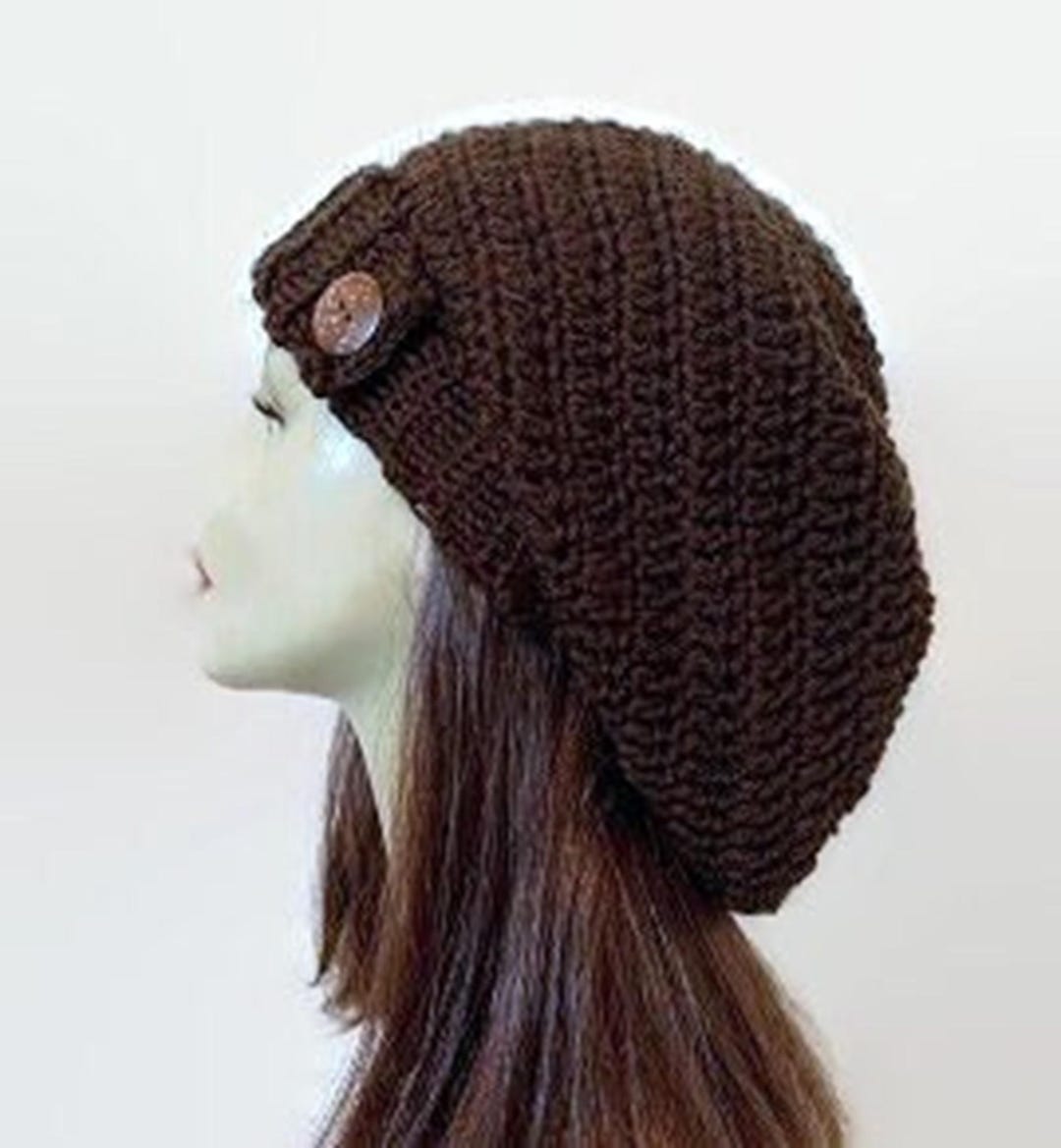 Brown Slouch Hat With Button Dark Brown Beanie Chocolate Crochet