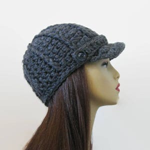 Adult Newsboy Gray Newsboy Hat Charcoal Newsboy Hat Gray Hat with Visor  Dark Gray Knit Cap Gray Crochet Newsboy Visor with Buttons Gray Cap