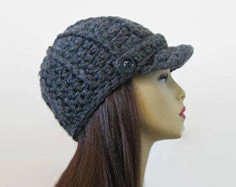 Adult Newsboy Gray Newsboy Hat Charcoal Newsboy Hat Gray Hat with Visor  Dark Gray Knit Cap Gray Crochet Newsboy Visor with Buttons Gray Cap