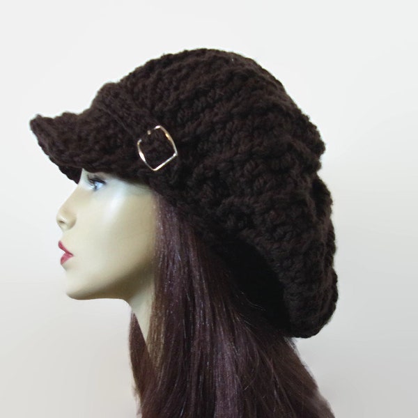 Brown Slouch Newsboy Hat with buckle Dreadlocks Hat with visor Adult Dark Brown knit Hat with Brim Slouchy crochet newsboy hat slouchy hat