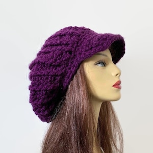 Crochet newsboy hat Dreadlocks hat Purple rasta hat Knit newsboy oversized Hat Dark Purple Slouch Cap with Visor Adult Newsboy