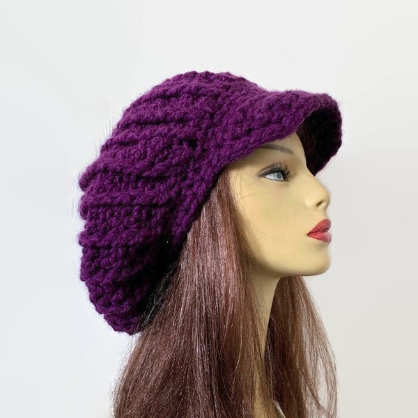 Crochet newsboy hat Dreadlocks hat Purple rasta hat Knit newsboy oversized Hat Dark Purple Slouch Cap with Visor Adult Newsboy