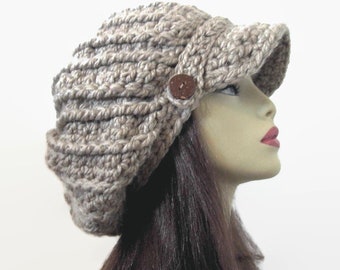 Dreadlocks hat Taupe Crochet newsboy hat with buttons rasta hat Knit newsboy oversized Hat Light brown Newsboy Hat  with Visor Adult Newsboy