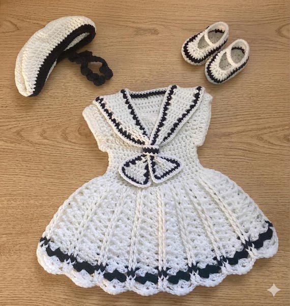 knitted sailor dress Baby Set Crochet newborn Baby Girl Dress Set Knit White blue Baby Girl Sailor Outfit Knit Baby Girl Dress Preemie Sailor Dress SID-UT2504950