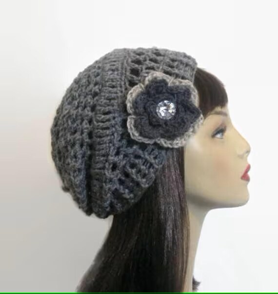 Elegant Gray Crochet Hat with Floral Accents Grey Flower Pattern Crochet Bucket Hat ( Floral Beanie Cap  main image 4