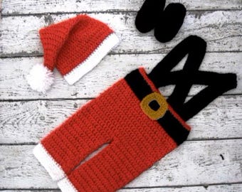 Crochet Baby Boy Christmas Outfit Santa Claus Outfit knit Christmas Baby Overalls Santa Claus Pants with Suspenders Newborn Santa Suit