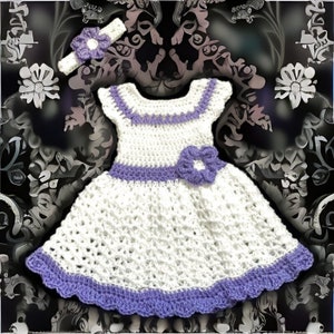 White and Lavender Crochet Baby Dress Set Newborn Baby Dress White Baby Girl Outfit Toddler Dress Knit Dress and Headband Baby Girl Dress