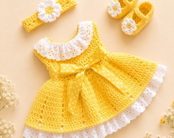 Crochet  Baby Dress Yellow Crochet Baby Dress first birthday Baby Shower Gift Set Baby Knit Dress newborn Ruffle frock Baby Shower Gift