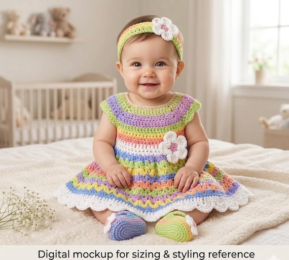 Baby Girl Dress Set Pink Crochet Rainbow Newborn Baby Dress Green Toddler Dress Baby Knit Dress Headband Multicolor Baby Girl Dress
