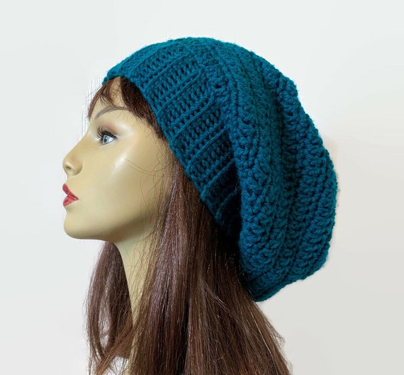 Teal Slouch Beanie Blue Slouchy Hat Teal Crochet Hat Crochet  display picture 1