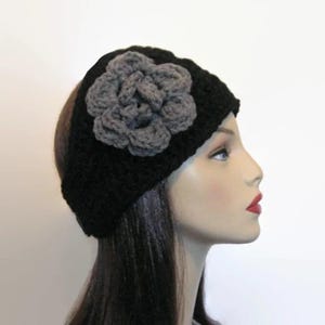 Black Crochet  Headband with Flower Black Ear Warmer Black Earwarmer with Flower Thick Headband Thick Knit Head wrap Extra Wide Headband