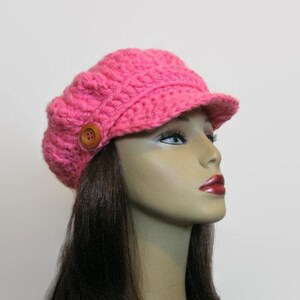 Pink Newsboy Crochet Newsboy Hat Bright Pink Hat with Visor Adult Newsboy Pink Cap Crochet Newsboy knit Cap with Buttons image 3