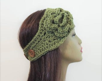 Olive Green Earwarmer Green Crochet Headband with Flower Green Headwrap Light Green Ear warmer Crochet Earwarmer with flower knit headband