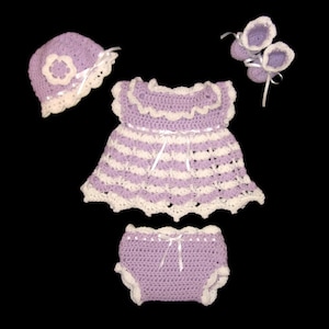 Purple Crochet Baby Dress Set Newborn Baby Girl Layette Set Preemie Baby Dress Lavender Baby Dress Baby Girl Knit Dress  Baby Girl Outfit