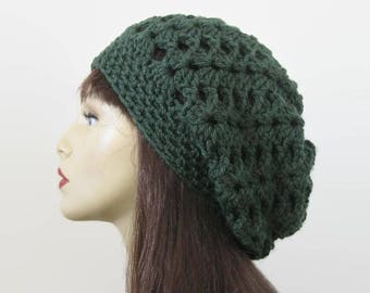 Green Crochet Slouchy Hat Green Slouch Beanie  Forest Green Knit Beanie Olive Crochet Beanie  Forest  Green Slouchy Beret Green slouch Tam