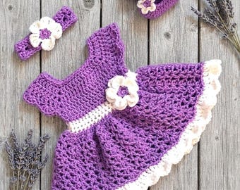 Purple Baby Dress Set crochet Baby Girl Dress Set  Newborn Baby Dress Lavender Toddler Dress Baby Knit Dress Headband Violet Baby Girl Dress