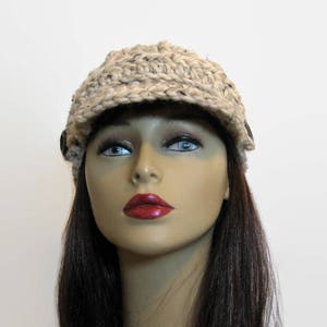 Crochet Newsboy Hat Crochet Hat with Visor Adult Oatmeal Newsboy Knit Hat Beige Beanie Cream Crochet Hat with Visor Tweed Newsboy Cream Hat image 3