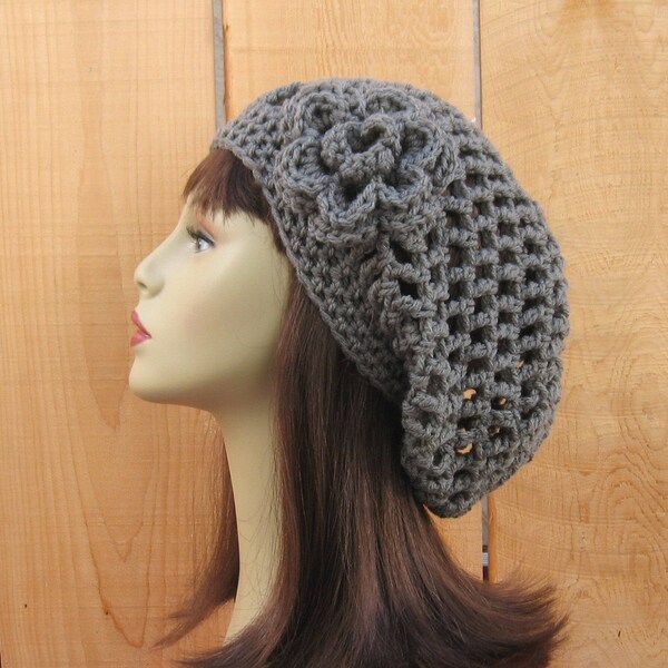 Gray Slouchy Hat with flower Crochet Beanie women's crochet hat Gray slouchy Knit Beret Gray Hat Crochet Slouchy Hat Gray slouch beanie