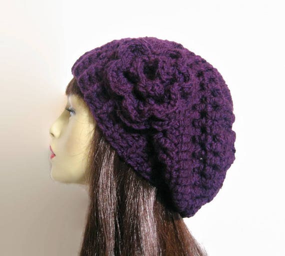 Purple Crochet Handmade Beanie Hat Handmade Crochet Purple Beanie Hat With Blue Flower - Etsy main image 4