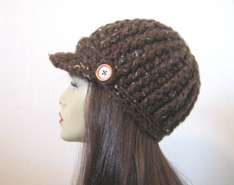 Brown Tweed Newsboy hat Crochet Newsboy Cap Brown News boy Chocolate Hat Brown Knit Newsboy Brown Cap with Visor Adult Brown Hat Crochet Hat