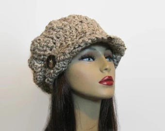 Oatmeal Newsboy Cap Oatmeal Tweed Newsboy Hat with Visor Hat with Buttons Adult Knit Newsboy Cap Crochet Beret with Brim Crochet Oatmeal Hat