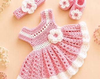 Light Pink Crochet Toddler Dress Set Newborn Baby Dress Baby girl Outfit infant Knit Dress and Headband Pink Baby Shower Gift