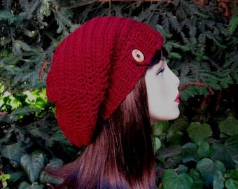 Maroon Slouch Hat with Button Crochet Red Beanie Cranberry Slouch hat Dark Red Knit Tam crochet women's hat Slouchy Tam Dark Red Slouchy Cap