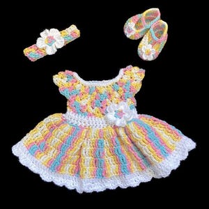 Yellow Pink Crochet Baby Dress Set Newborn Baby Dress MulticolorToddler Dress Baby Girl Dress Set Baby Knit Dress Headband  Baby Girl Dress