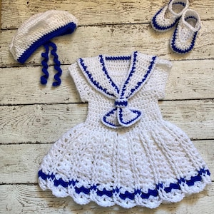 Baby Sailor Dress Set Crochet newborn Baby Girl Dress Set Knit white blue baby girl Sailor Outfit Knit Baby Girl Dress  Preemie Sailor Dress