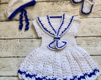 Baby Sailor Dress Set Crochet Newborn Baby Girl Dress Set Knit - Main Image