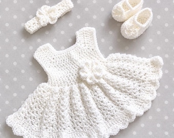 White Baby Dress Set Baby Girl Christening Set Crochet Baby Blessing Dress Set White Baptism Toddler Dress Set newborn Knit Baby Shower Gift