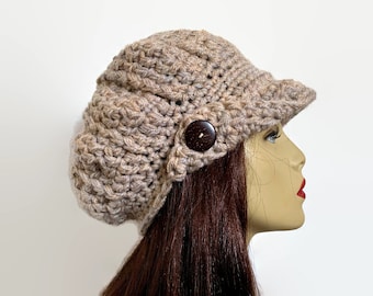 Crochet Newsboy Hat Cap with Visor Lightweight Tan Tweed Adult Newsboy hat knit Womens News boy Cap Cream Newsboy Hat with Visor and Button