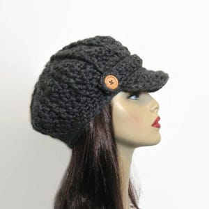 Gray Newsboy  Hat Charcoal Newsboy Hat Gray Hat with Visor Adult Newsboy Dark Gray Knit Cap Gray Crochet Newsboy Visor with Buttons Gray Cap