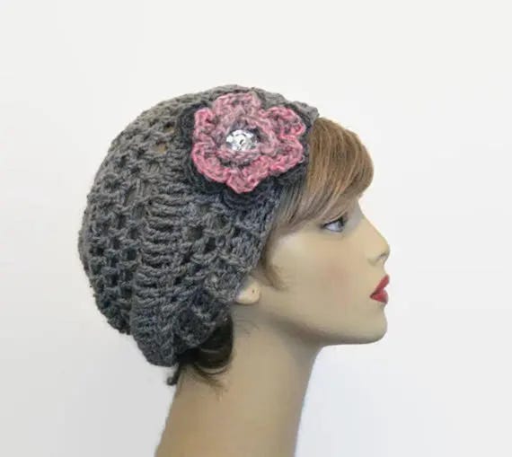 Elegant Gray Crochet Hat with Floral Accents Grey Flower Pattern Crochet Bucket Hat ( Floral Beanie Cap  main image 3